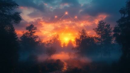 Naklejka premium Mystic forest sunset, network connection, digital art, background, concept
