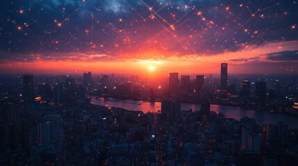 Obraz premium Sunset cityscape, network connections, global communication, technology, futuristic