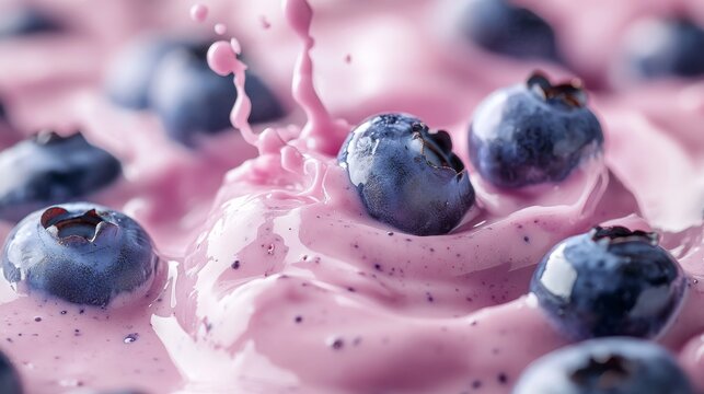 Close-up view of fresh blueberries making a splash in thick, creamy pink yogurt, displaying an appetizing and delightful combination of colors and textures.