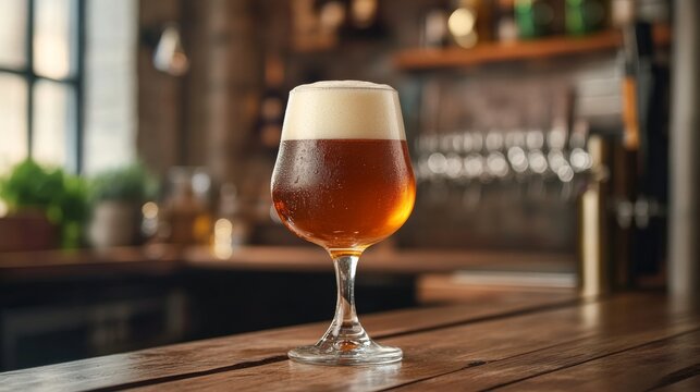 A chilled glass of frothy amber beer sits on a rustic wooden counter at a pub, evoking the lively and sociable atmosphere of gatherings and relaxation after a long day.