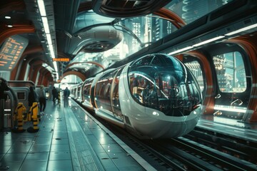 Fototapeta premium Futuristic train in urban cityscape at dawn. Neural network AI generated