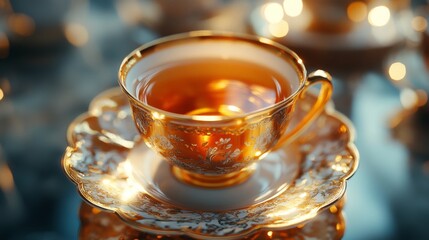 An exquisite golden teacup with saucer, showcasing intricate vintage designs, serving as a delightful reminder of elegance, tradition, and timeless refinement.