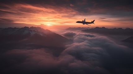 Airplane sunset flight above mountain cloudscape