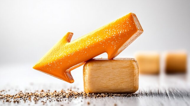 Vibrant orange arrow points left delicately balanced on creamy cubes soft light. AI Generated
