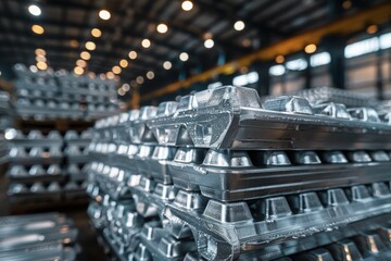 Stacked metal ingots in industrial warehouse. Neural network AI generated