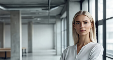 Confident Businesswoman in Modern Office Setting with Natural Light