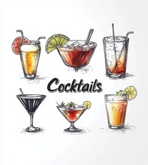 Hand-drawn illustration of a vibrant set of modern alcoholic cocktails, such as cognac, brandy, vodka, tequila, whiskey, champagne, wine, and margaritas, alongside bottles and glasses
