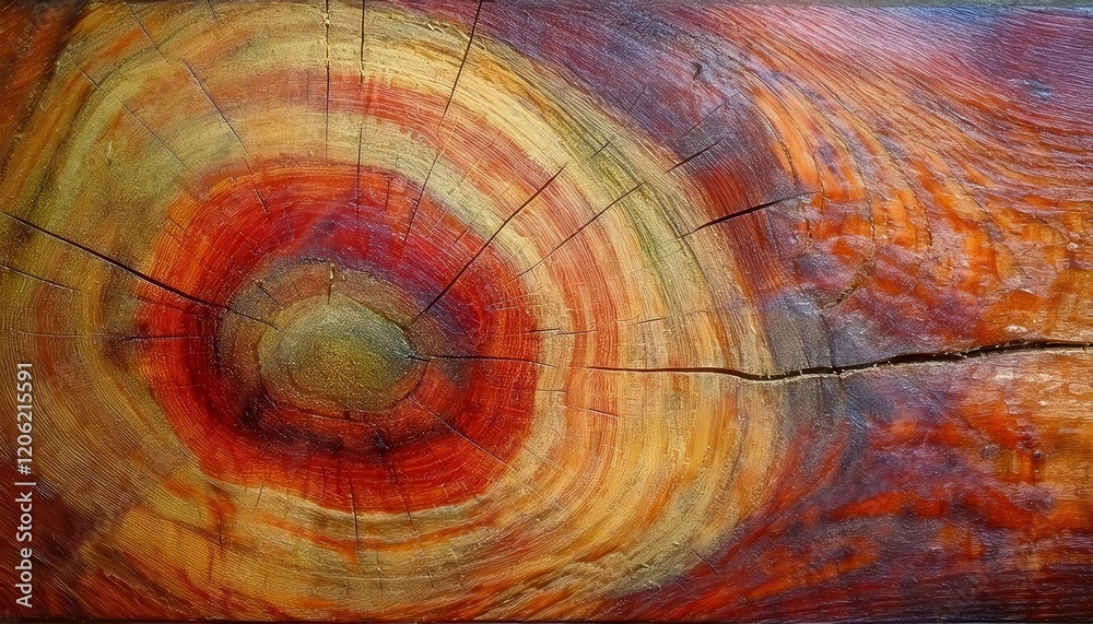 Poster vivid abstract depiction of tree rings with bold red and yellow tones, capturing wood grain texture 