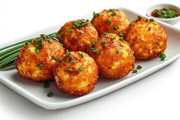 It is a dish made by mixing pancake powder and potato powder into balls on a white plate and frying or baking them in oil.