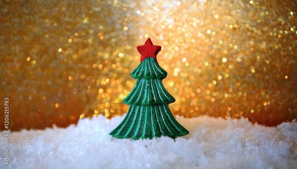 Poster minimalist glittering christmas tree decoration with red star on golden bokeh background and artific