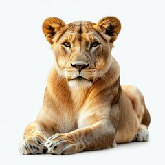 Obraz premium A majestic lioness reclines gracefully, radiating strength and tranquility, with her eyes fixed in a calm, powerful gaze, set against a pure white backdrop, embodying nobility.