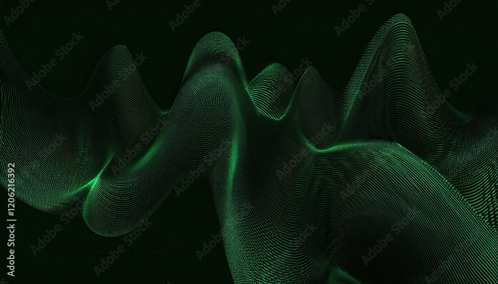 Poster dynamic green particle wave in dark space, digital flowing motion, abstract energy pattern for technology or design themes