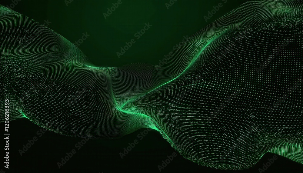Fototapete dynamic green particle wave in dark space, digital flowing motion, abstract energy pattern for technology or design themes