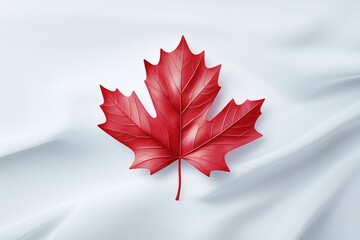 Red maple leaf on textured white background. Canadian identity and autumn symbolism.