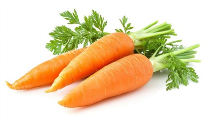 Fresh carrots with green leaves isolated on a white background showcasing natural color and texture