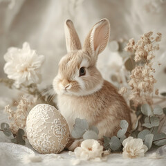 Fluffy Rabbit with Eucalyptus, Natural Flowers and Elegant Easter Egg - Generative AI