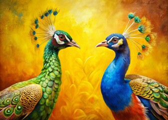 Fototapeta premium Majestic Peacocks on Yellow Background - Colorful Bird Stock Photo