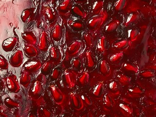 The Essence of Pomegranate. An up-close and vibrant depiction of glistening pomegranate seeds, their deep ruby-red hues capturing the richness and vitality of the fruit.
