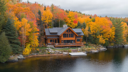 Fototapeta premium Lakeside Log Cabin Surrounded by Vibrant Fall Foliage