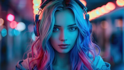 Woman with Pink and Blue Hair Wearing Headphones in Neon Lights