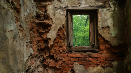Crumbling brick wall with a wooden window frame
