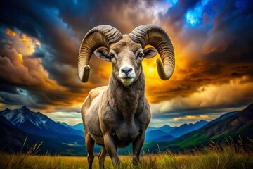 Naklejka premium Majestic Ram Double Exposure: Nature Meets Power - Stock Photo