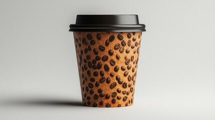 A distinctive coffee cup adorned with a pattern of coffee beans on a sleek surface, showcasing a contemporary design appealing to coffee lovers everywhere.