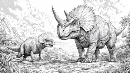 Fototapeta premium Discovering the majestic world of dinosaurs with a triceratops and its young companion in a prehistoric landscape