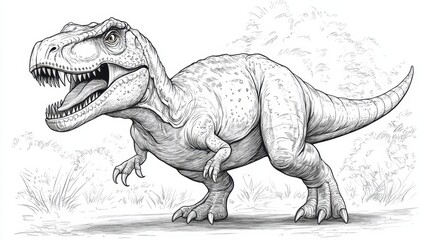 Naklejka premium Coloring page featuring a detailed sketch of a roaring T-Rex dinosaur surrounded by lush prehistoric foliage