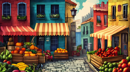 Retro urban style with bold colors close up individuality theme whimsical overlay street market backdrop. Whimsical Market. Illustration