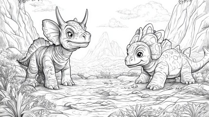 Obraz premium Dinosaurs explore a prehistoric valley in a fun and imaginative coloring activity for all ages