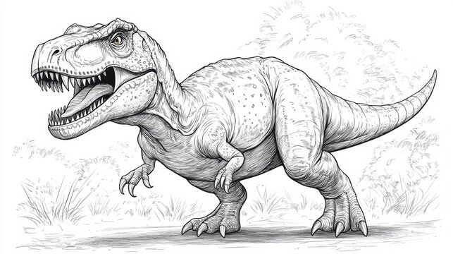 Fototapeta Coloring page featuring a detailed sketch of a roaring T-Rex dinosaur surrounded by lush prehistoric foliage