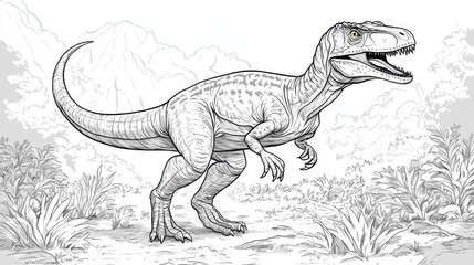Fototapeta premium Explore the Exciting World of Dinosaurs with this Detailed Coloring Page Featuring a Thrilling T-Rex in Its Natural Habitat