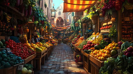 Obraz premium Vibrant fantasy market scene with floating plants, colorful produce, and whimsical architecture. ideal for game design, illustration, or fantasy settings. Whimsical Market. Illustration