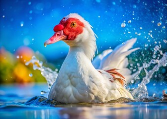 Majestic Red & White Muscovy Drake Splashing in Blue Water - Macro Photography