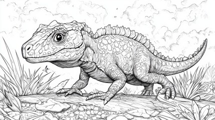Obraz premium Creative prehistoric creature coloring page featuring a detailed dinosaur-like figure in a lush outdoor environment