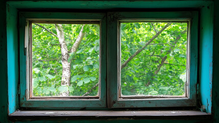 Fototapeta premium Old wooden window with a view of green foliage