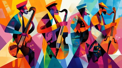 Four musicians playing jazz instruments are depicted using vibrant abstract shapes in a highly colorful artistic style, evoking a lively and rhythmic atmosphere.