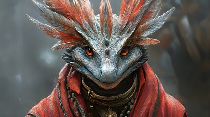 An anthropomorphic avian creature with a textured, scaled face and striking feathered accents in shades of red and orange.