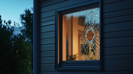 Crime prevention concept. Modern ordinary house with a single broken window pane, showing signs of burglary