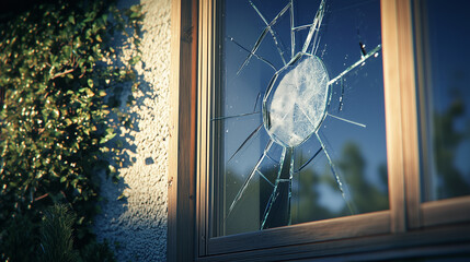 Crime prevention concept. Modern ordinary house with a single broken window pane, showing signs of burglary