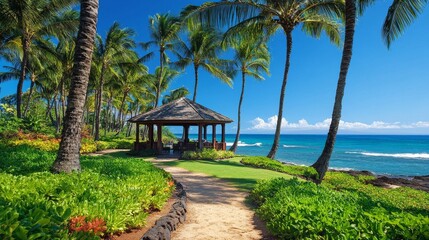 A scenic tropical gazebo surrounded by lush greenery and tall palm trees, sitting alongside a sandy path with a breathtaking ocean view on a sunny day.