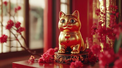 Golden Lucky Cat Statue, Red Background for Festive Atmosphere