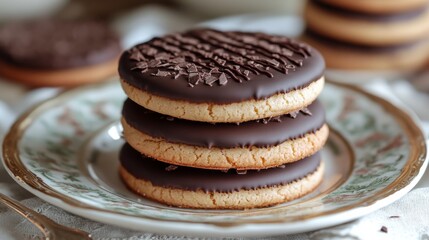 A stack of three chocolate-covered cookies on a decorative plate, enticing viewers with their delicious appearance and sugary allure. A treat for all dessert lovers.