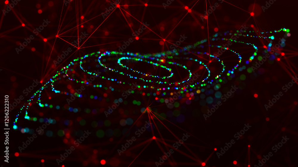 Poster futuristic dotted, circular particle wave. sound waves visualization. dark background. technology or