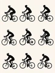 Obraz premium Set of cyclist silhouettes showcasing diverse riders in dynamic poses against a minimalist backdrop, perfect for sports, fitness, and outdoor lifestyle projects.