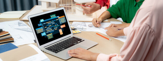 Software development or programming work with coding screen of various programming languages like HTML, Python, Java, and C brisk for new application development