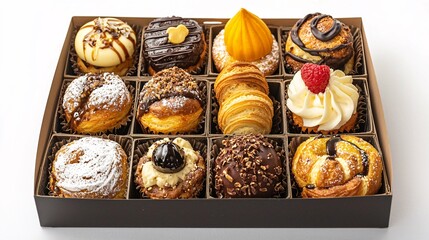 A beautifully styled pastry box, featuring a tempting selection of exquisite treats, is presented against a clean white background that enhances the vibrant colors and textures.