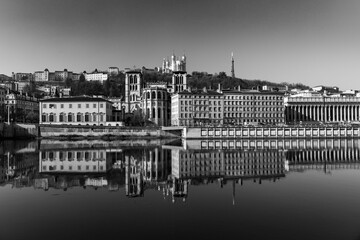 Urban scene with buildings around the River Saone, Lyon, France