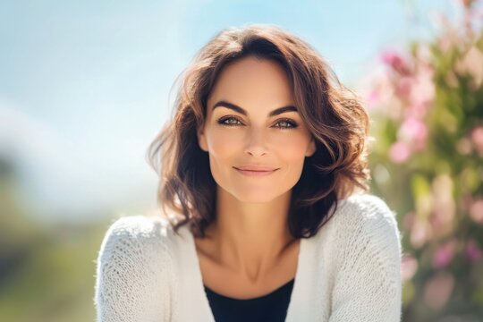 Portrait of smiling mature woman enjoying wonderful sunny day in nature - Powered by Adobe
